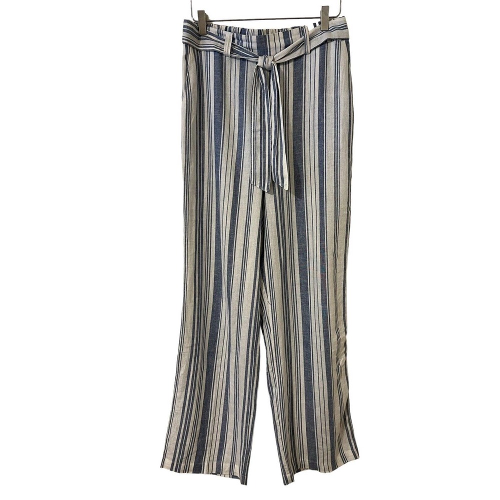 🌵 Land 'N Sea Women's Blue Striped Linen Blend Flowy Belted Pull-On Pants - Med